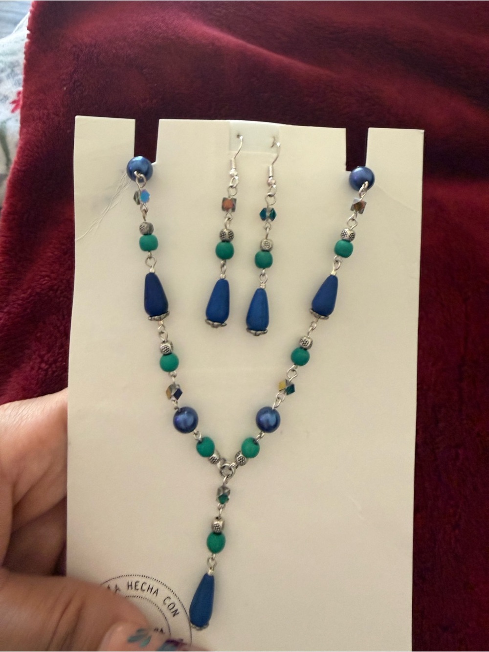 Handmade Blue & Teal Beaded Teardrop Necklace and Earring Set